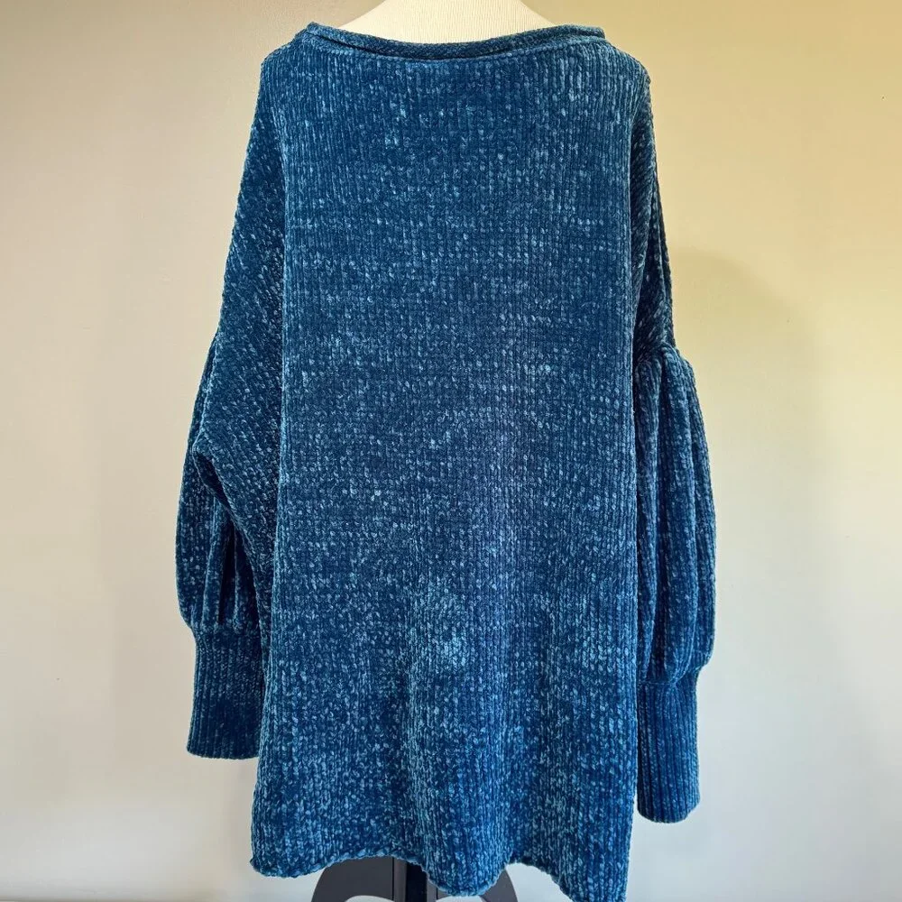 FREE PEOPLE Oversized Teal Chenille Cold Shoulder Sweater